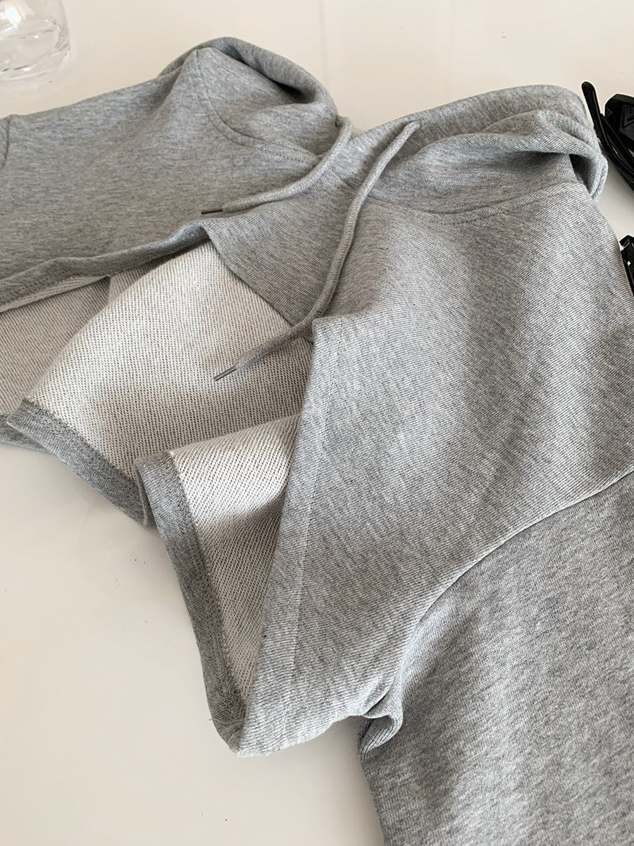 Loopin Korean Style Short Hooded Sweatshirt Layered with Loose Long-Sleeved Sports Solid Color Top with Patchwork Design