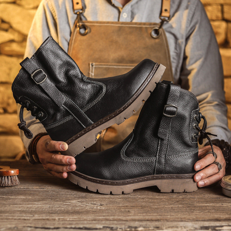 First Layer Cowhide Men's and Women's Couple's High-rise Workwear Boots Men's Western Cowboy Boots Black Knight Mongolian Riding Boots