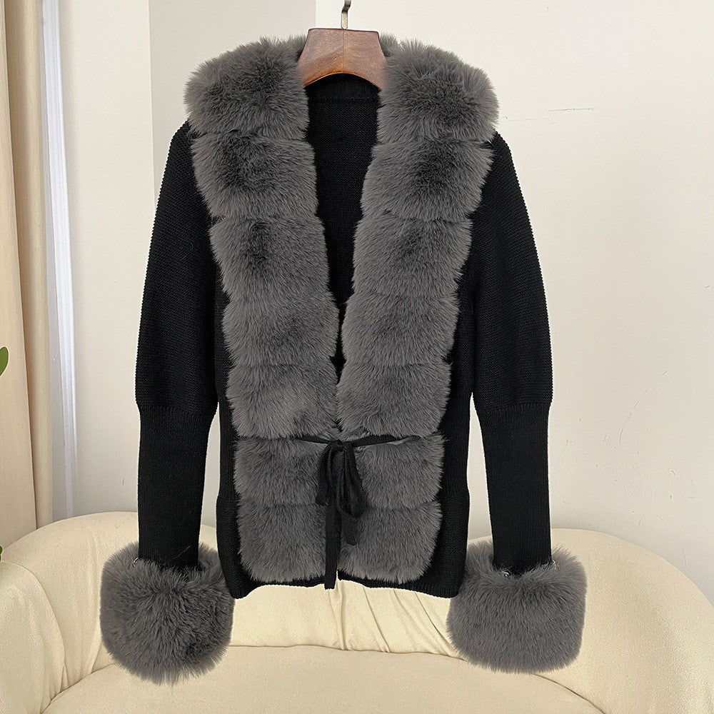 Women's Knitted Sweater 25 Spring Knitted Cardigan Imitation Fox Fur Coat Women's New Style Short Sweater Women