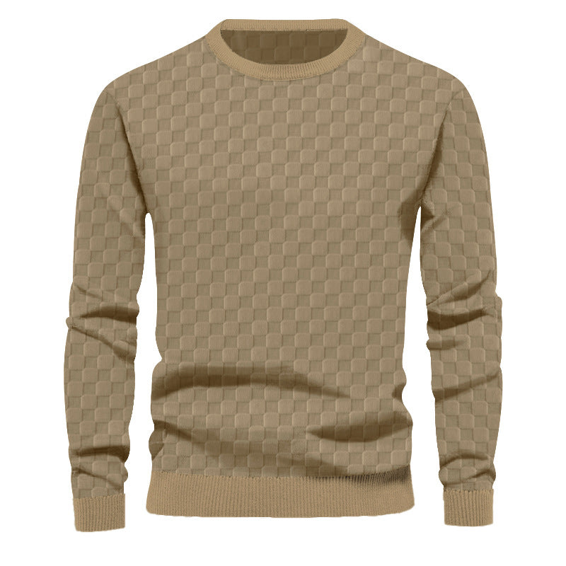Cross-Border Men's Autumn and Winter Heavy Jacquard Checkerboard European and American Round Neck Casual Bottoming Shirt Men's Knitted Long-Sleeved Sweatshirt Men