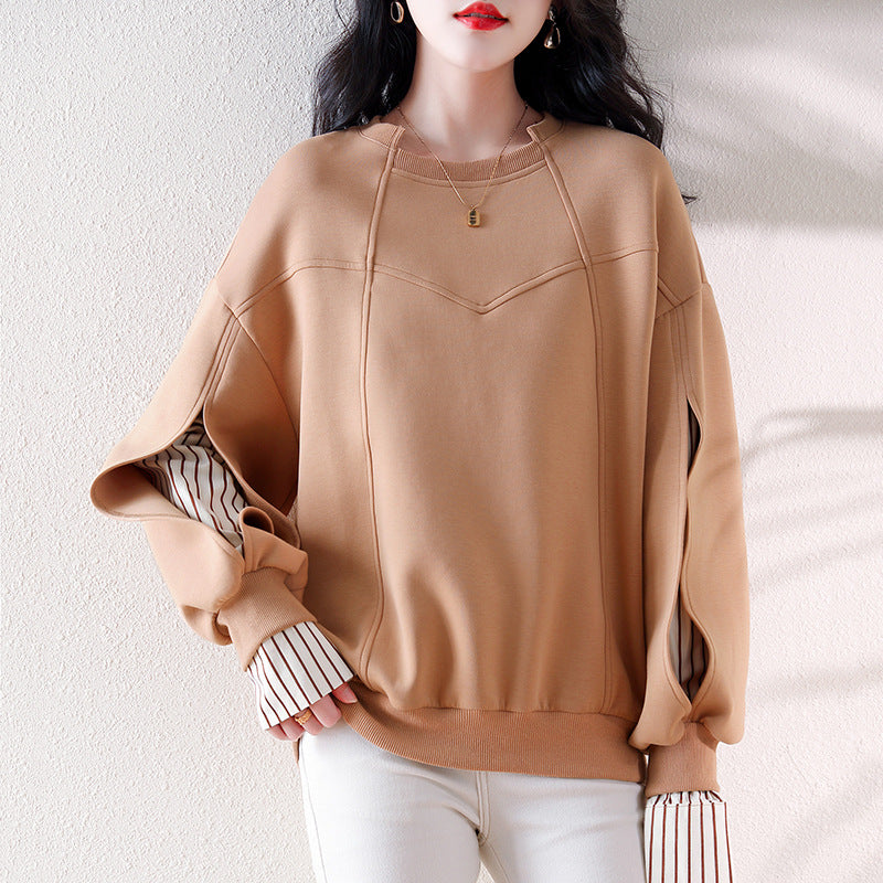 Real shot new ribbed neckline striped stitching top design sense irregular dividing line women's sweater