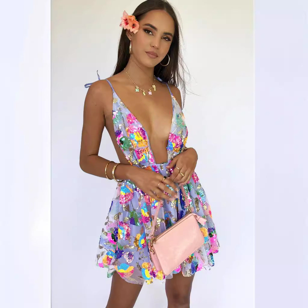 Export Cross-Border Hot Selling Amazon Hot Selling Sexy Deep V Backless Sequined Floral Lace Women's Sexy Short Clothing
