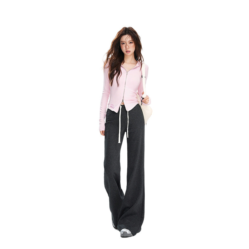 American Fashion Versatile Trendy Casual Pants for Women Early Autumn New Drawstring Mid-Waist Soft Drape Loose Flared Pants
