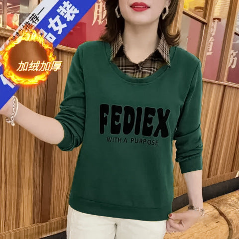 2024 Autumn and Winter fleece-lined Thickened Foreign Style Fake Two-piece Prellis Neck Sweaters Women's Letter Printed Loose Mothers' Fashionable Clothes
