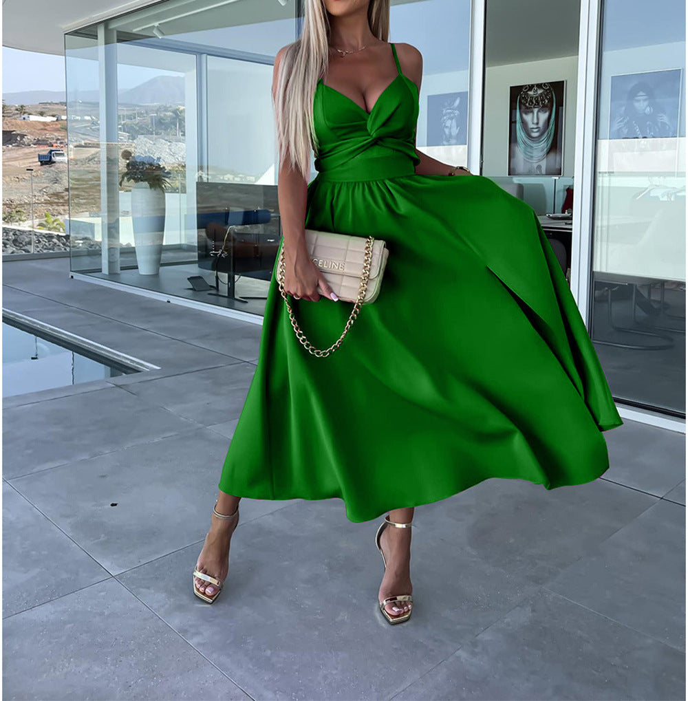 suspenders V-neck large pendulum dress slim-fit backless mid-length dress