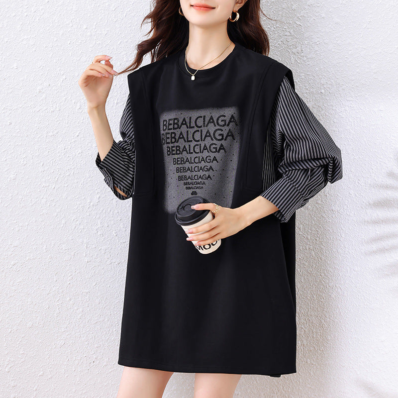Fashionable Rhinestone Fake Two-Piece Sweatshirt for Women, Autumn European Style Plus Size Top, 2025 New Casual Women's Clothing