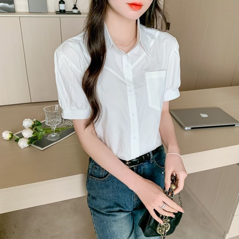 Summer 2026 New White Women's Shirt, Fashionable Pure Cotton Shirt, Stylish All-Cotton Short-Sleeve Professional Top for Women