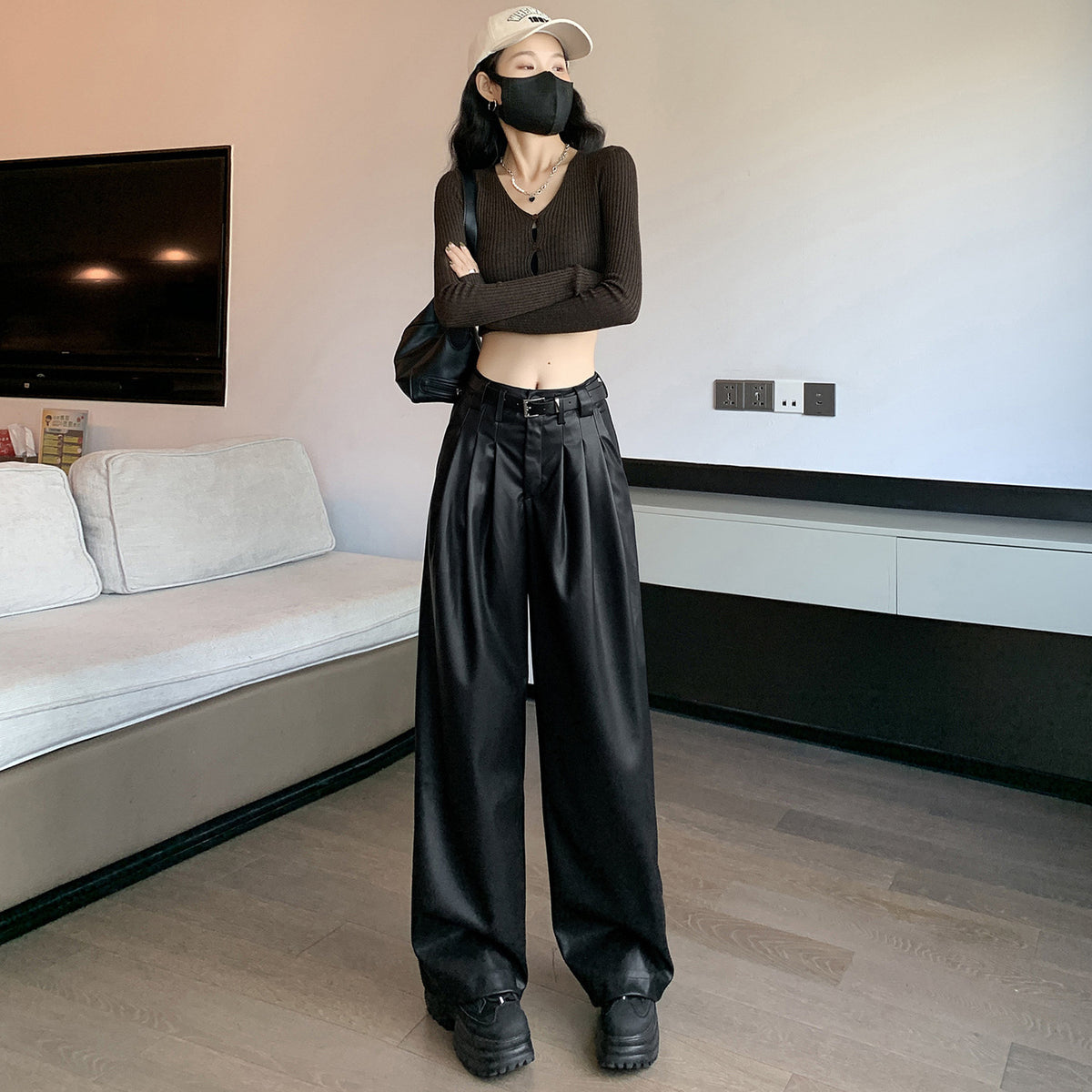 Real shot# leather pants for women 2023 New straight slimming casual pants PU leather personality loose wide leg pants autumn and winter