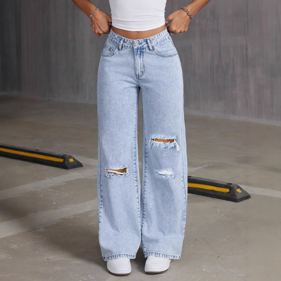 European and American Cross-Border 2025 New Loose Light Blue Washed Wide-Leg Jeans Pure Color Pants Women Jeans