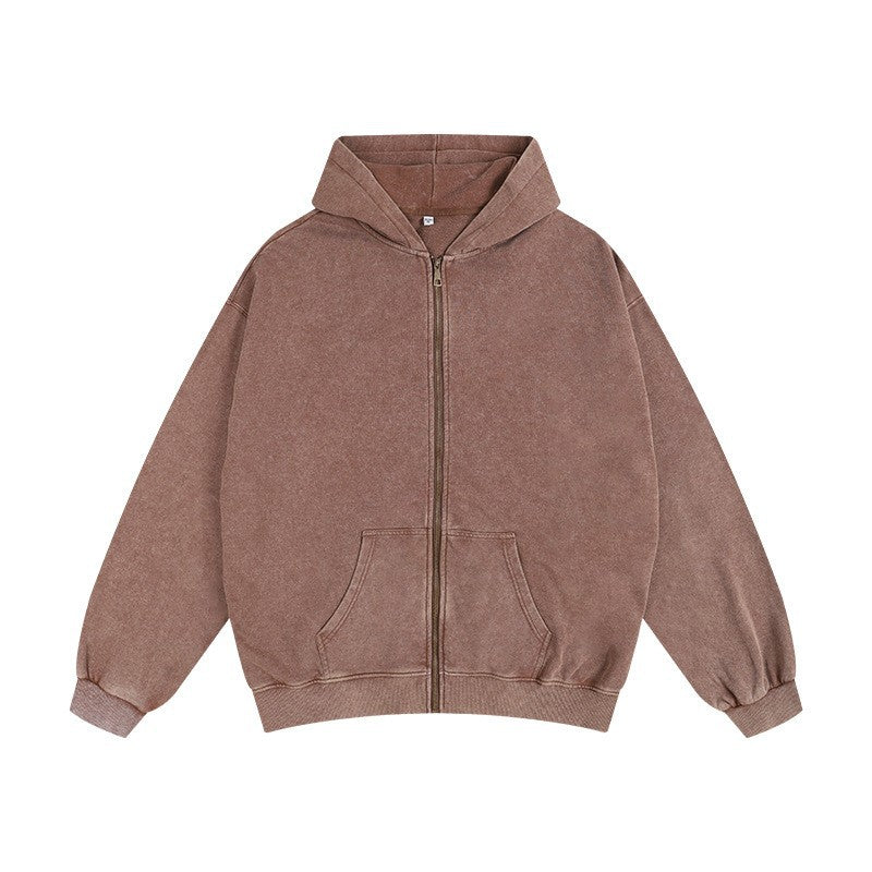 350g Distressed Zipper Hoodie for Men, Oversized Drop Shoulder Vintage Washed Heavy Terry Cardigan Jacket, Heavyweight Men's Clothing