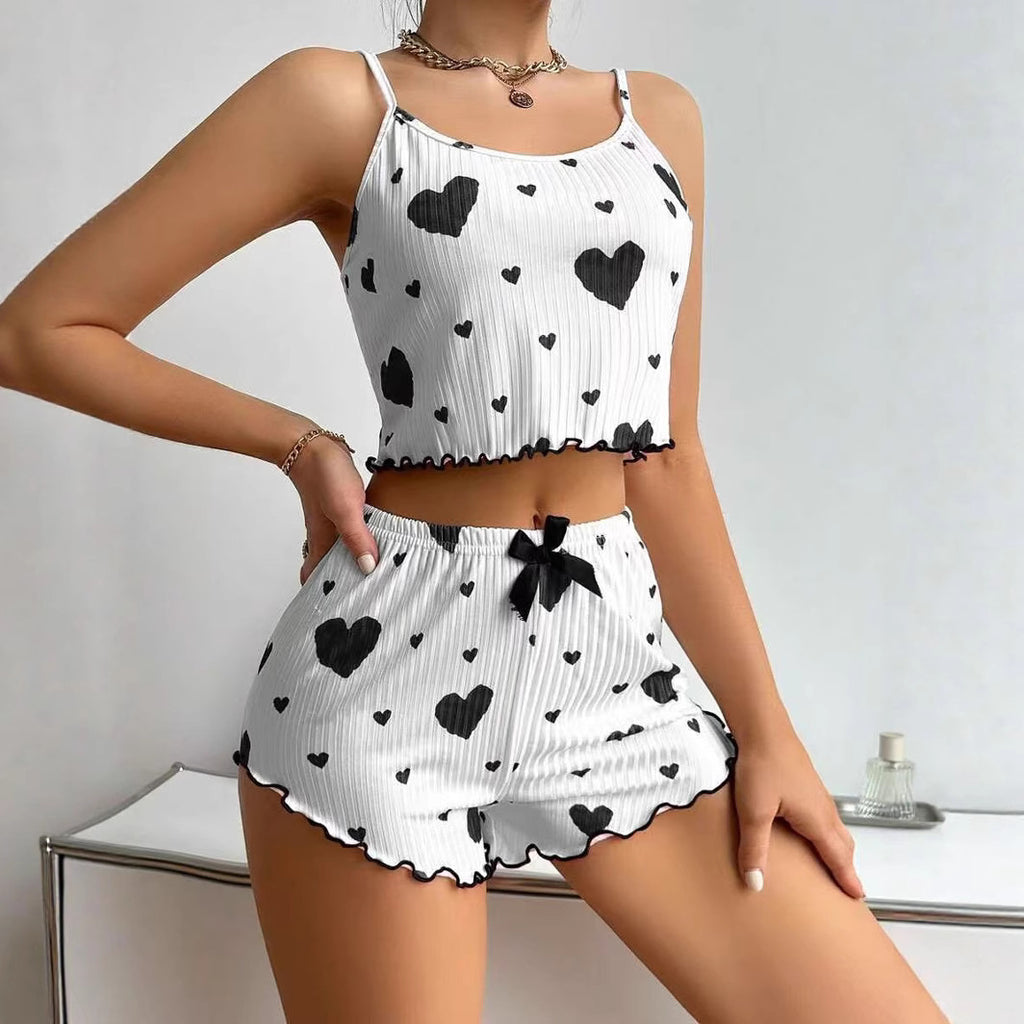 New Cross-Border Women's Heart Pajamas Two-Piece Set Hot Style Pajamas Two-Piece Set Sexy Slim Women's Pajamas