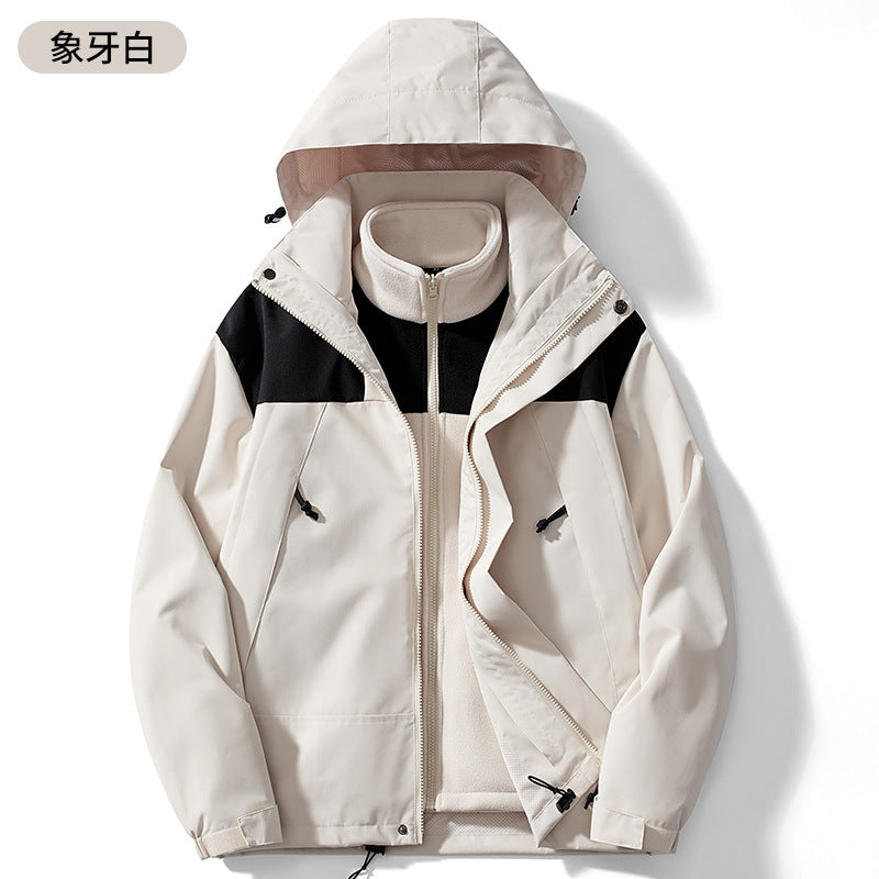 Couple Style Color-Blocked Outdoor Sports Three-In-One Windproof Mountaineering Jacket Winter Fashion Jacket with Stand Collar