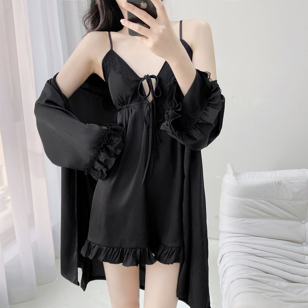 New Pajamas Women's Spring and Summer Ice Silk Thin Pure Wind Lace Belt Chest Pad Sling Nightgown Two-piece Lace Set