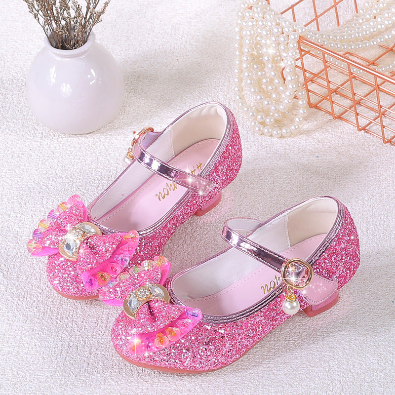 Girls' Leather Shoes Spring Dress High-heeled Single-layer Shoes for Big Children Colorful Diamond Bow Wedding Host Performance Princess Shoes