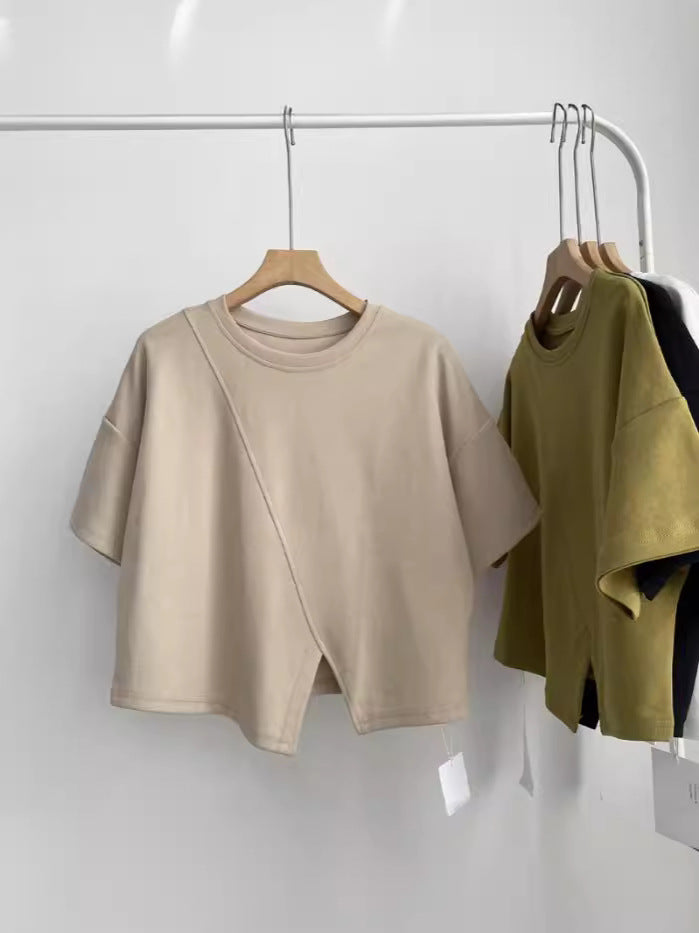 European-Style Regular Shoulder Short-Sleeve T-Shirt for Women, 2026 Summer New Plus-Size Slimming Top for Curvy Women, Tummy-Concealing with Irregular Slit Design