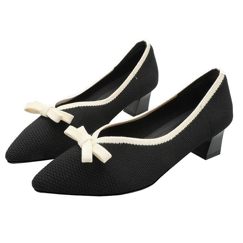 girls Fairy High Heels 2024 Spring and Autumn New Korean Style All-match Chunky Heel High Heel Commuter Women's Shoes Knitted Shoes Single-layer Shoes for Women