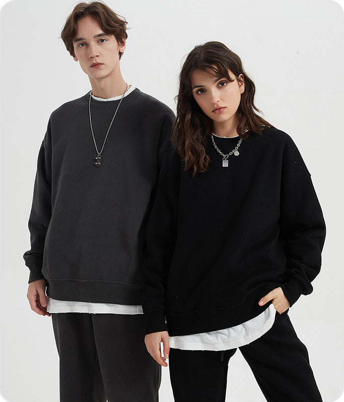 2023 autumn new round neck sweater fashion brand solid color pullover men's sweater loose fleece-lined men's couple sweater