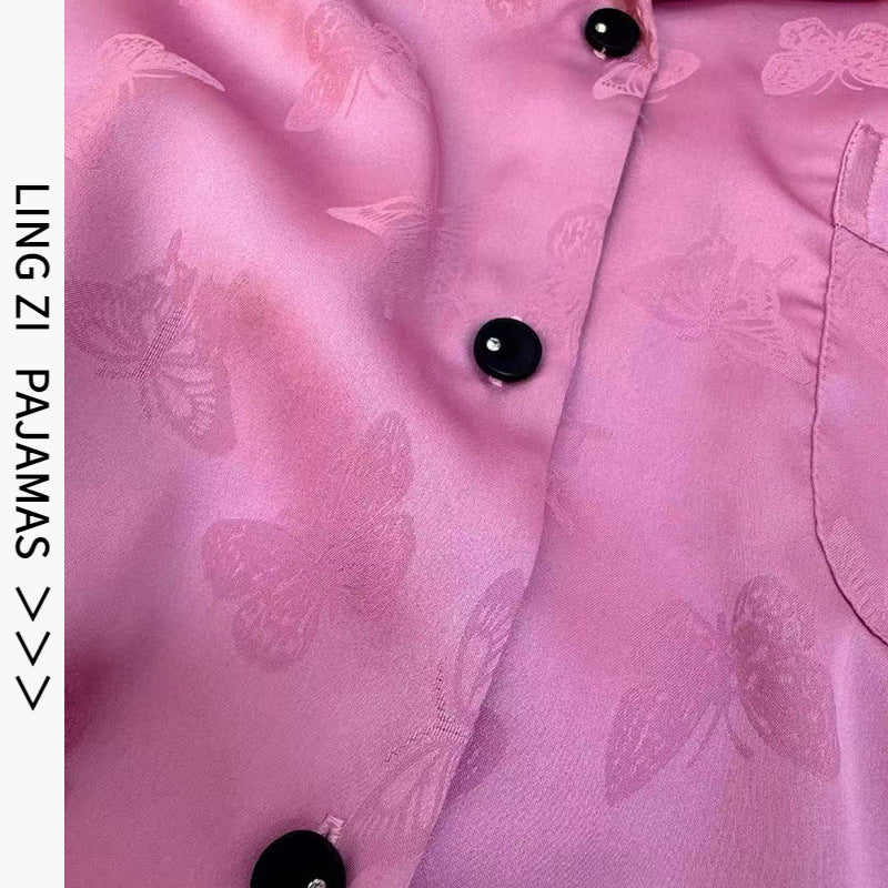 2025 New Ice Silk Pajamas Women's Long Sleeve Lapel Bow Jacquard High-end Simple Home Clothes suit