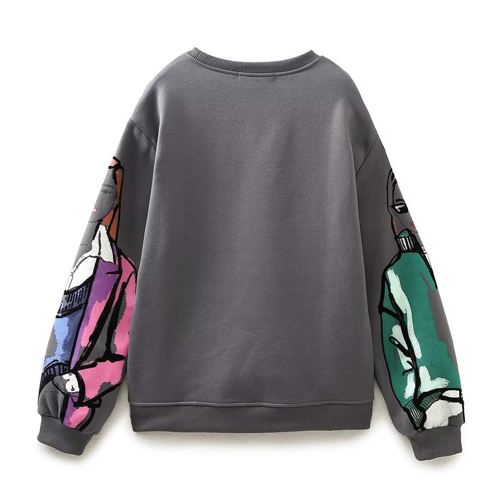 2023 Autumn and Winter Women's Warm Fleece-Lined Hoodless Round Neck Loose Printed Sweatshirt with 3D Printing