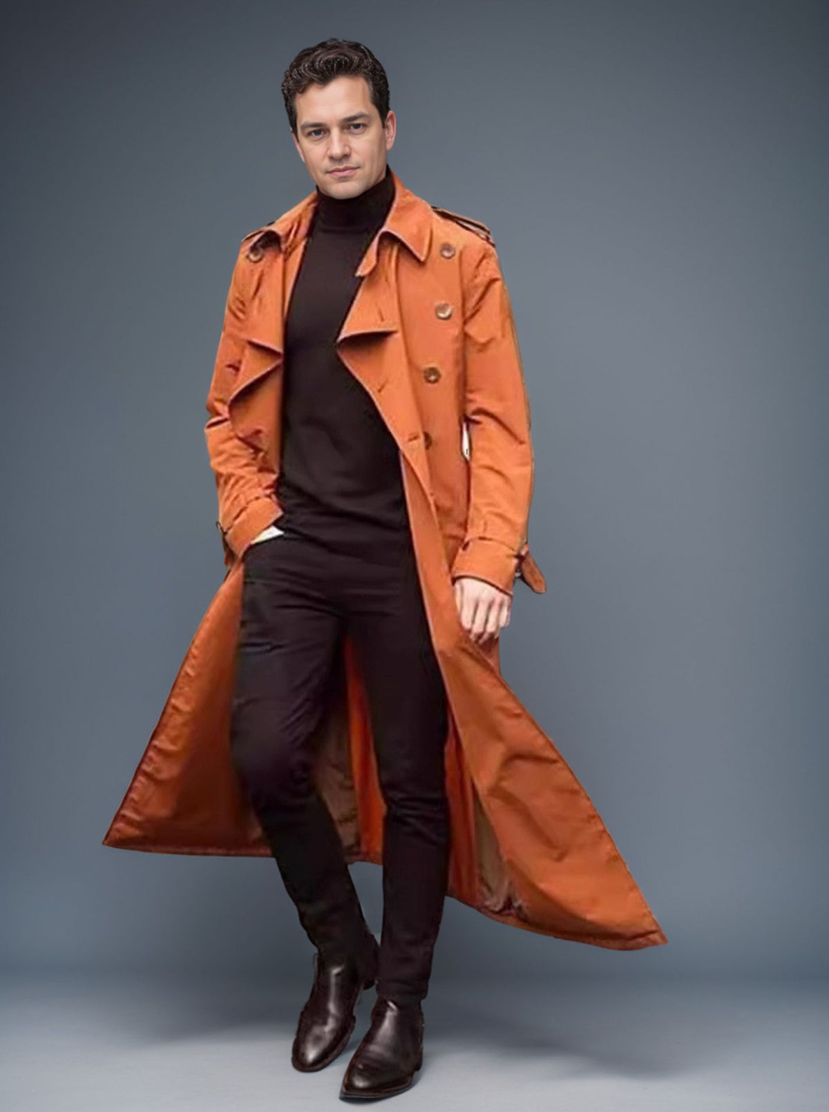 Cross-Border European and American Men's Spring and Autumn Long Double-Breasted Trench Coat Fashion Versatile Large Lapel Casual Jacket Cloak
