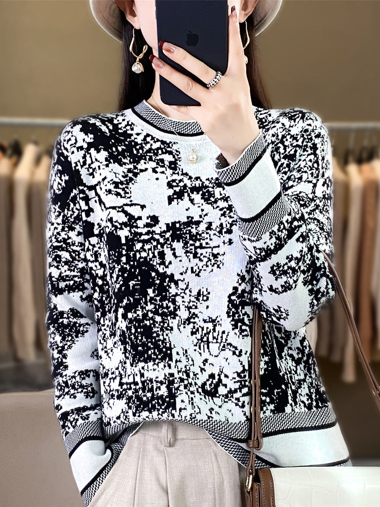 24 spring new semi-high collar women's sweater sweater ink painting pullover loose slim base shirt top women