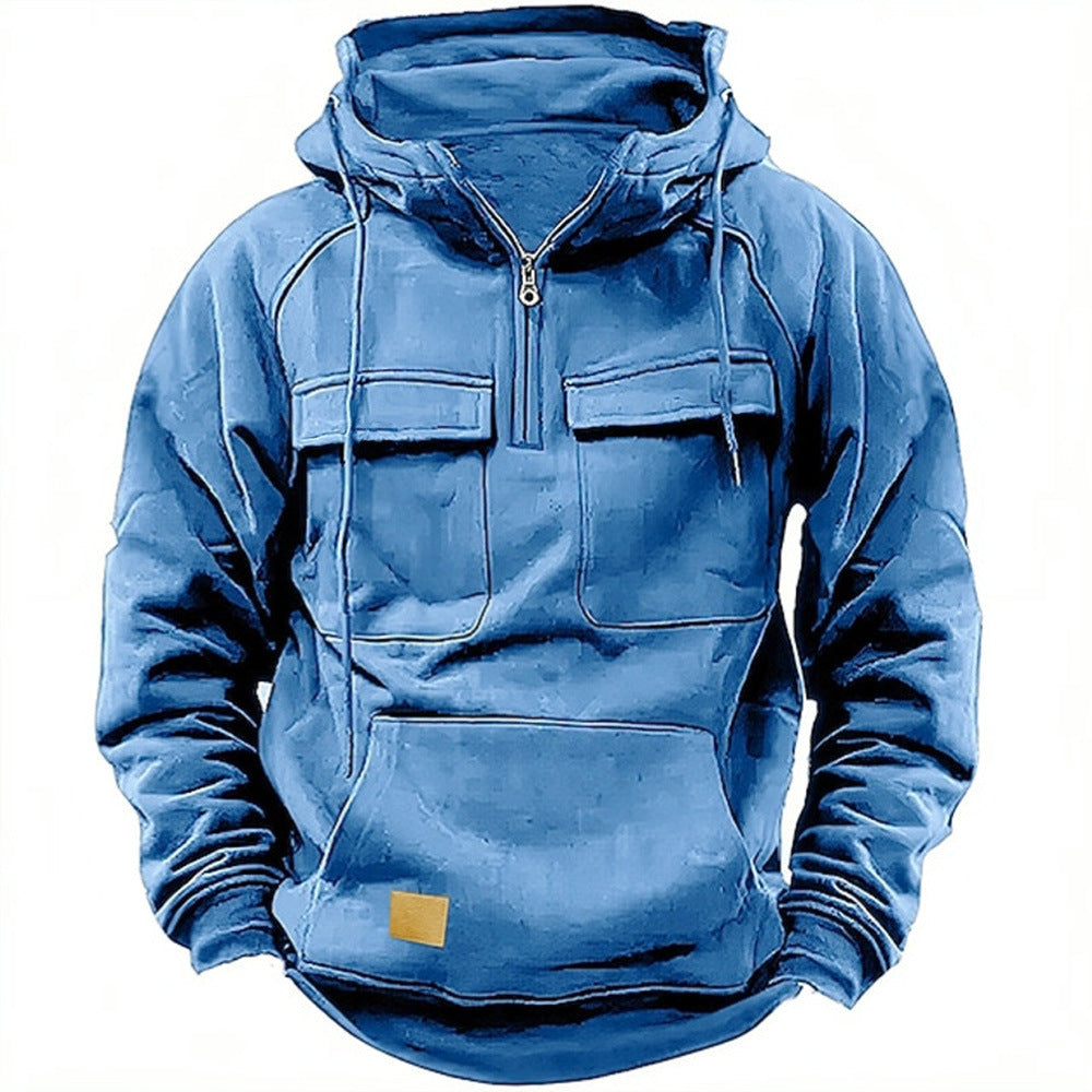 Cross-Border Men's Half-Zip Hooded Sweatshirt, Retro Workwear with Multiple Flap Pocket Pantss, Loose Casual Pullover Hoodie