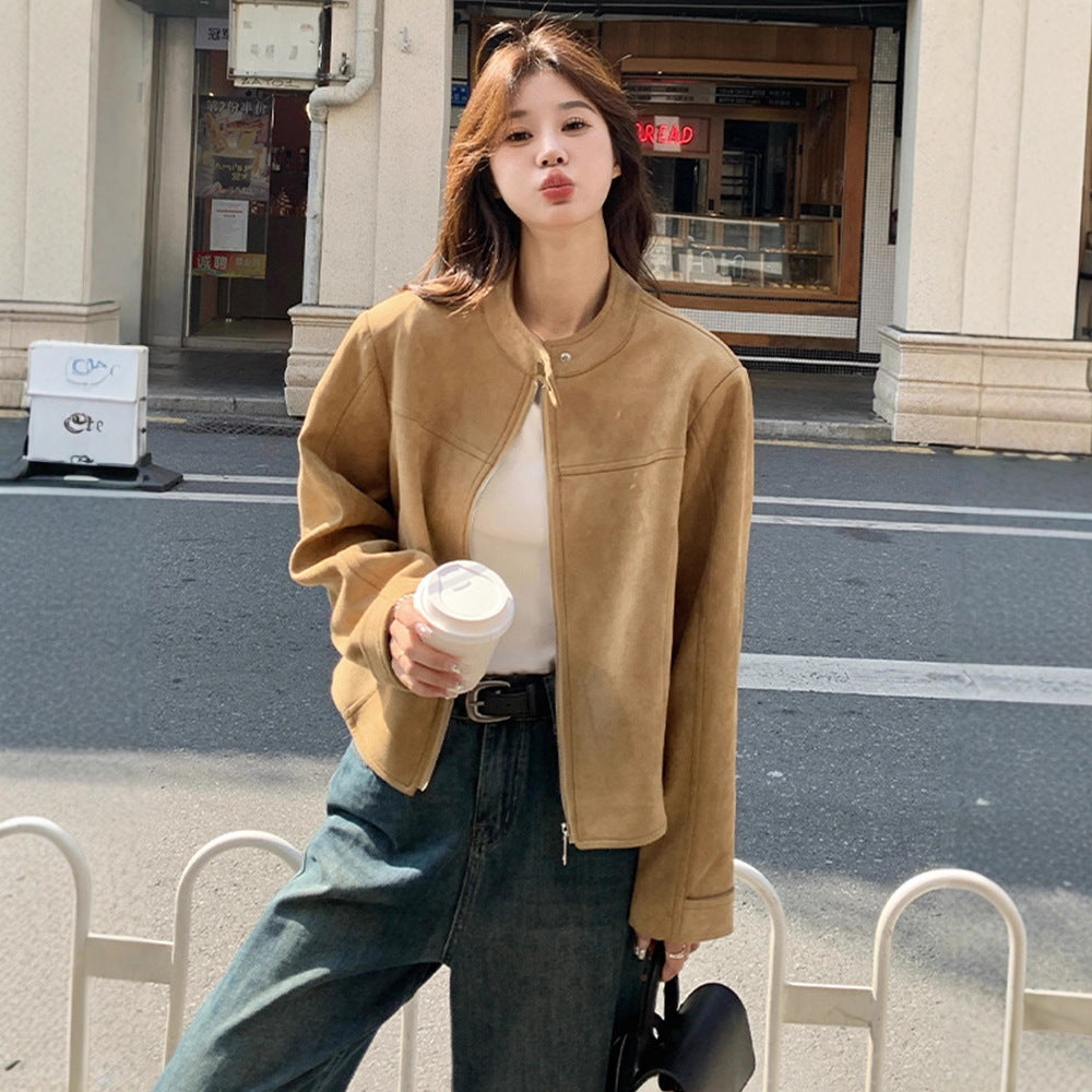 Khaki Suede Jacket Women's Short 2025 Autum New Korean Style Retro Casual Fashion Design Jacket