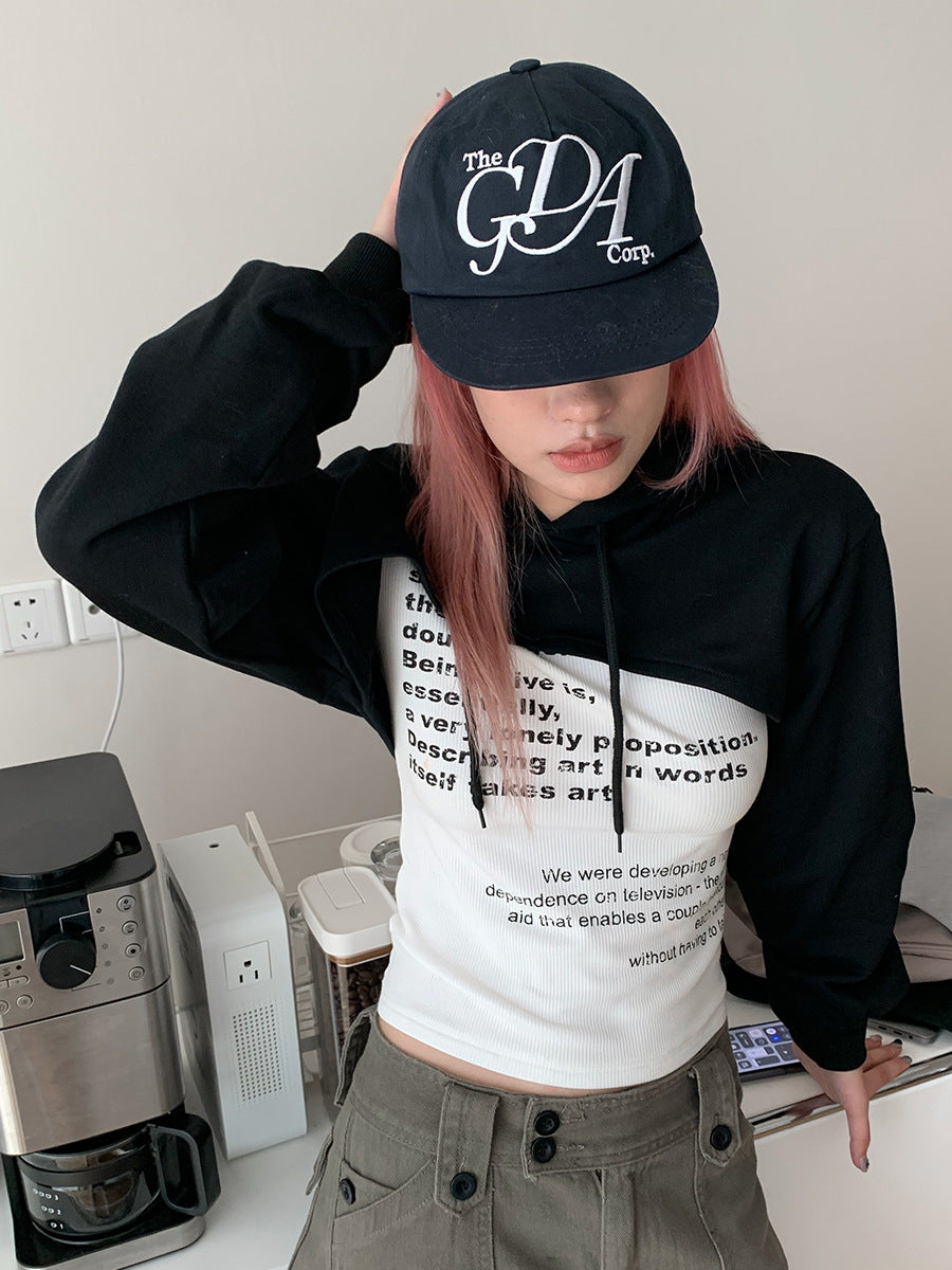 Loopin Korean Style Short Hooded Sweatshirt Layered with Loose Long-Sleeved Sports Solid Color Top with Patchwork Design