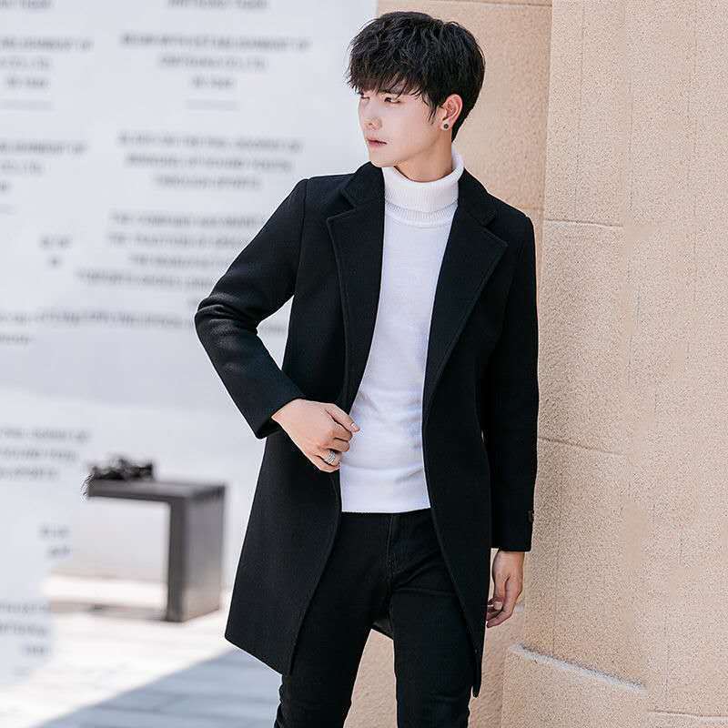 New Men's Trenchcoat Autumn and Winter Woolen Coat Men's Korean-style Fashionable cotton and thickening Youth Woolen Coat for Men