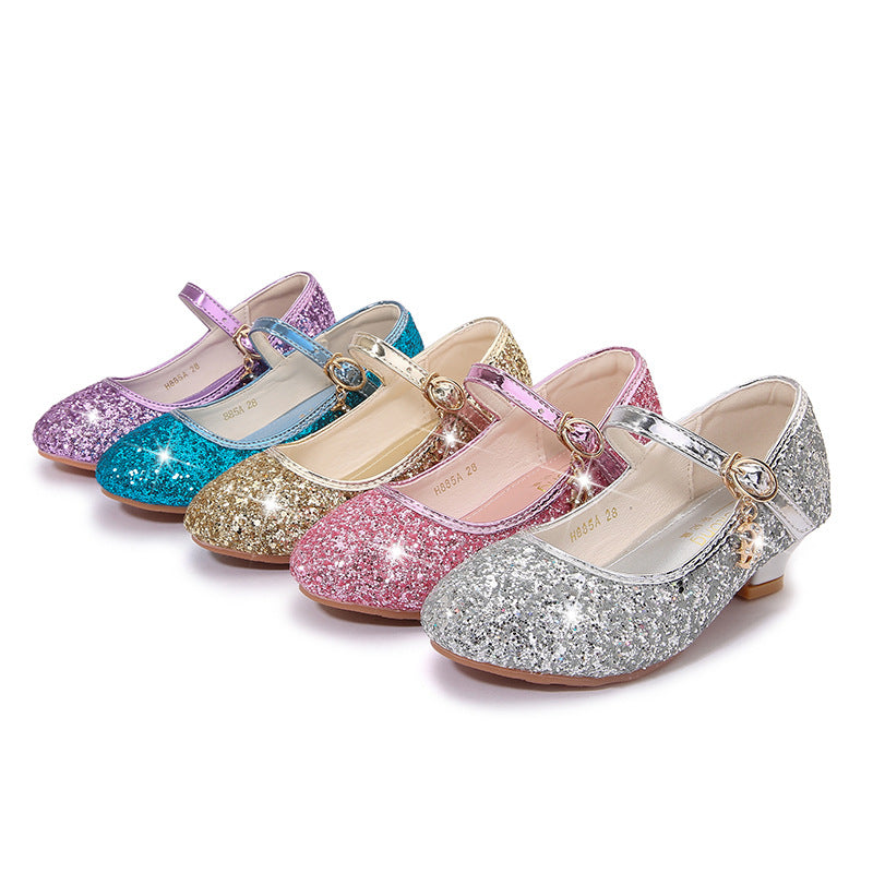 Children's High Heels Women's Shoes New Fashion Students Silver Sequins Performance Shoes Women's Etiquette Flower Children's Shoes