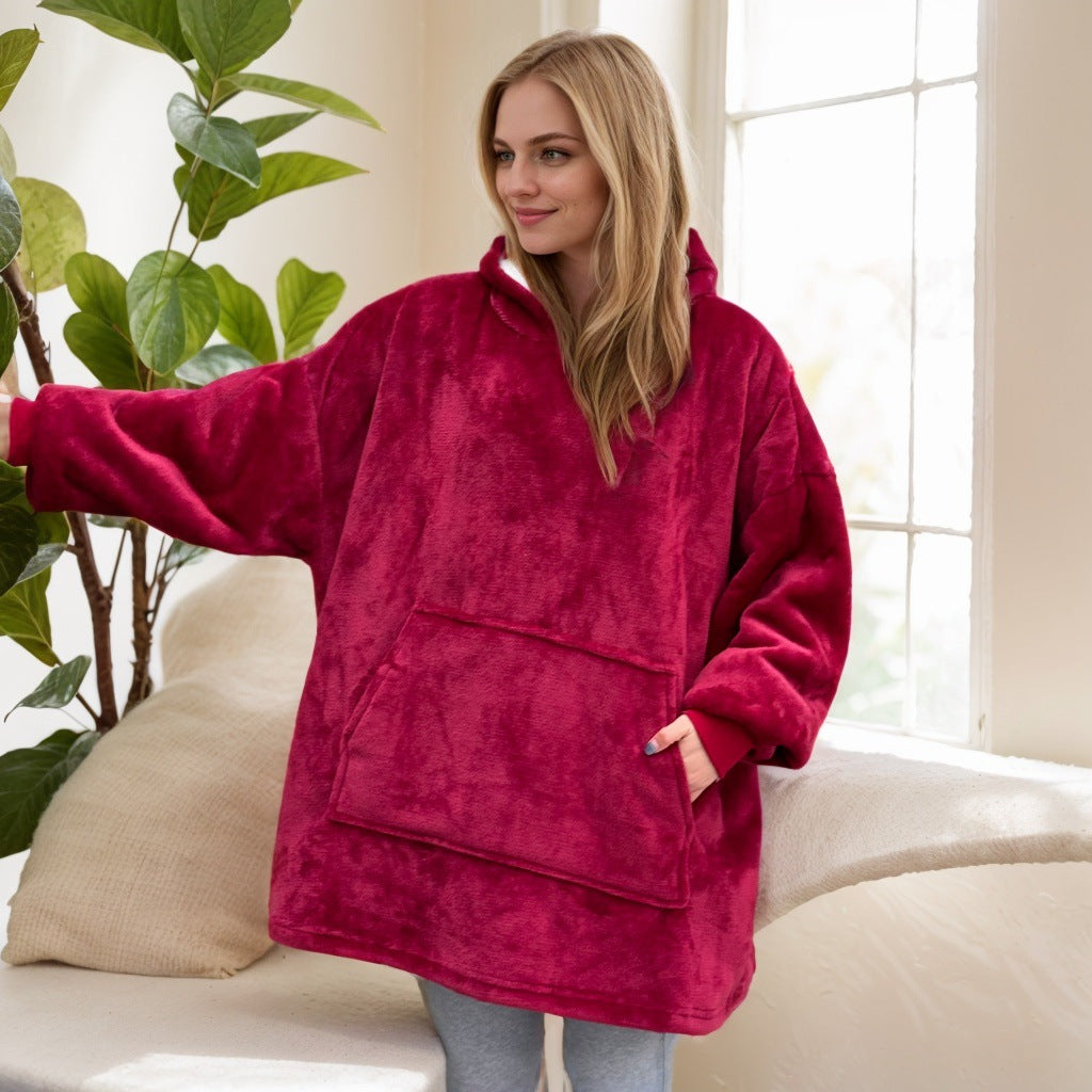 2021 Winter Fleece-Lined Thickened Navy Blue and Dark Gray Zip-Up Lazy Blanket Long-Sleeve Casual Flannel Hoodie