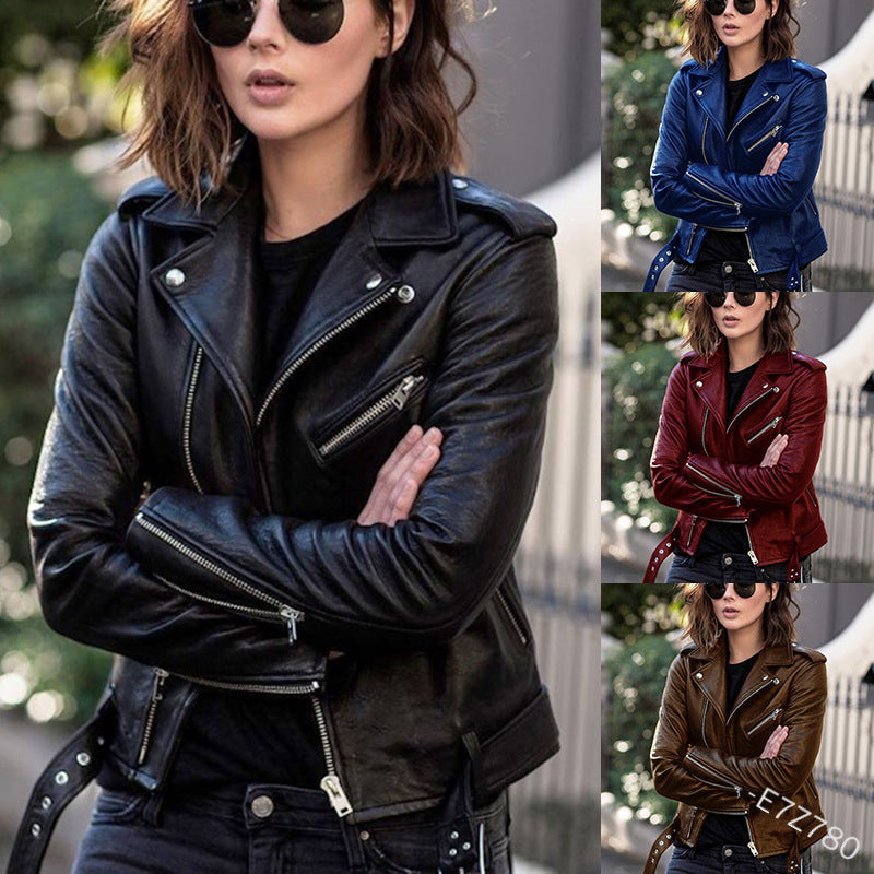 Cross-border 2023 New European and American Motorcycle Leather Jacket Autumn and Winter Women's Leather Clothing Women's Short Slim-fit Leather Fashion Jacket