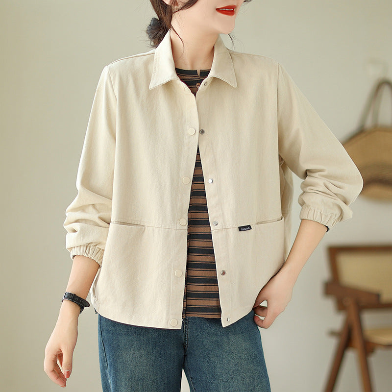 Real Shot of Cotton Jacket Women's Lapel Casual Versatile Loose Slimming Korean Style Autumn New Solid Color Long-Sleeved Jacket for Women