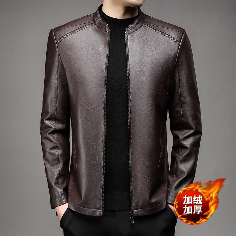 Men's Leather Jacket Men's 2025 Autum New Middle-Aged Fashion Business Stand Collar Fleece-Lined Casual Men's Leather Jacket Jacket