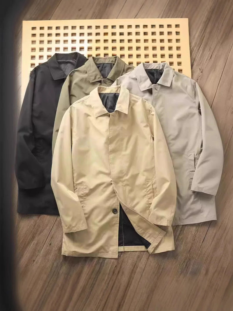 Island Country Quality! Spring Men's Pure Color Casual Lapel Mid-Length Windbreaker Jacket Youth Handsome and Versatile