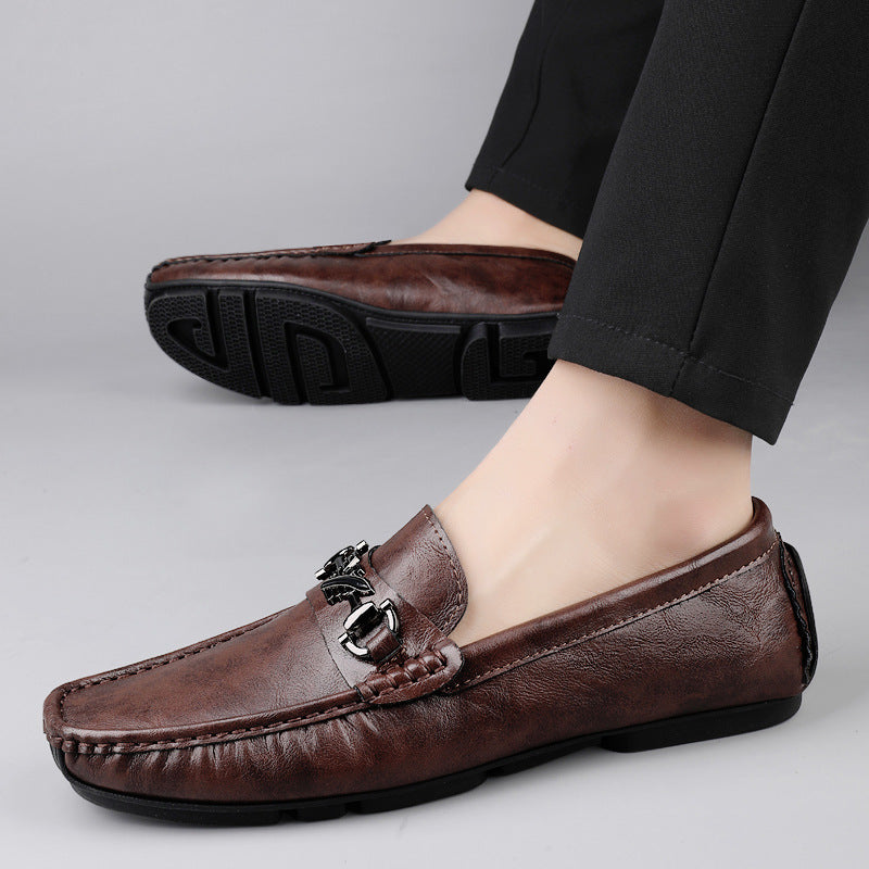 Loafers, Spring and Summer Men's Shoes, Genuine Leather Flats-Soled Shoes, Casual Shoes, Comfortable Lazy Driving Shoes, One-Leg Driver's Shoes