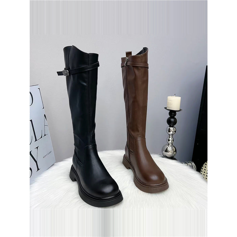 Genuine Leather Thick-Soled Boots for Women 2025 Autumn and Winter New V-Mouth High Knight Boots for Small People but No More Than Knee Boots for Women