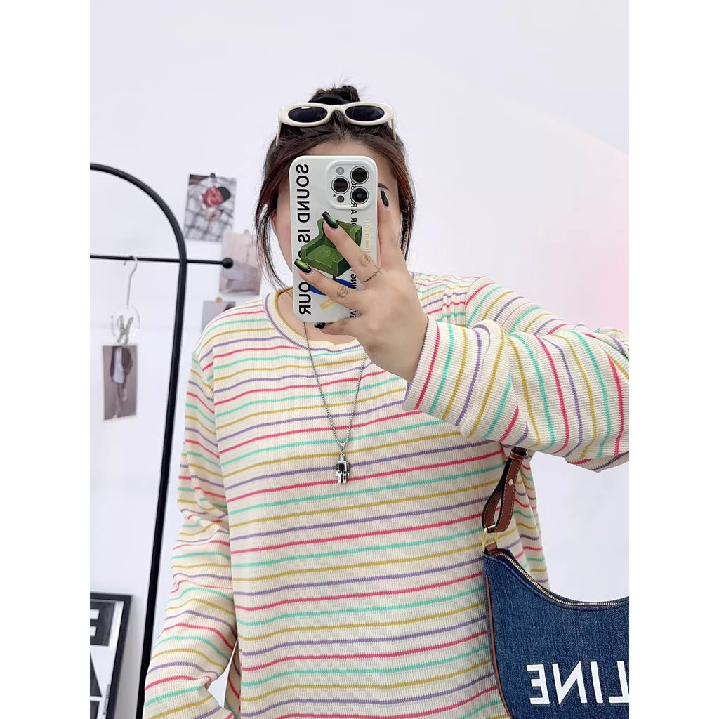 Early Autumn Large Size Retro Rainbow Stripesd Right Shoulder Long-Sleeved T-Shirt for Fat Women, Loose Slimming Look and Age-Reducing Top