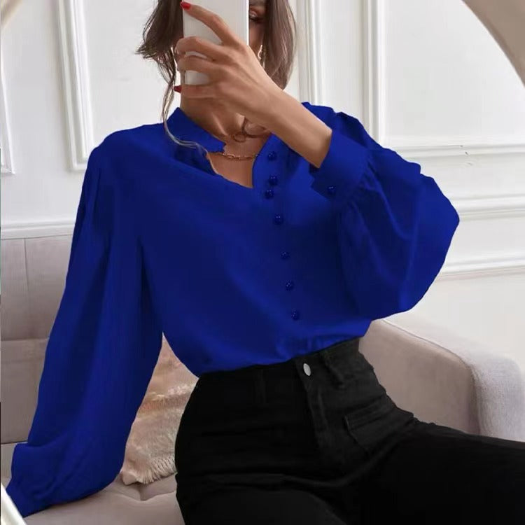 Women's Shirts 2024 Spring Amazon Foreign Trade New Elegant Solid Color Lapel Long Sleeve Single Row Button Loose Tops for Women