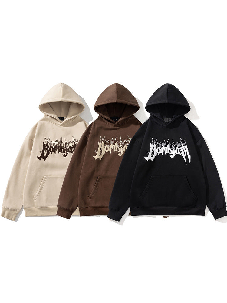2026 American-Style Heavyweight Fleece-Lined Hooded Sweatshirt for Men, Loose Fit with Embroidered Letters, Couple's Style Embroidered Jacket for Spring and Autumn