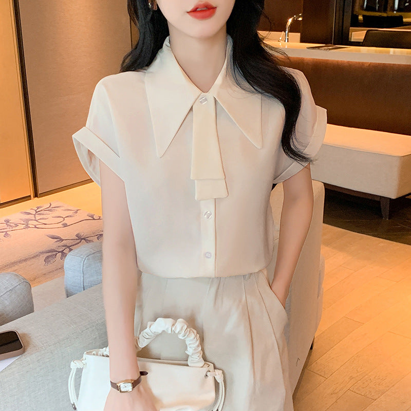 Women's Summer New Design Ol Ribbon Top Romantic Blouse High-End Stylish Short-Sleeved Professional Shirt for Women