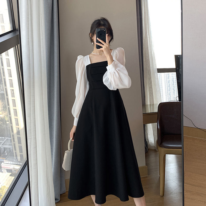 Long-sleeved Black Fried Street Hao Benfeng dress Women's New Spring and Autumn Stitching Square Collar French Skirt Vintage A- line Skirt