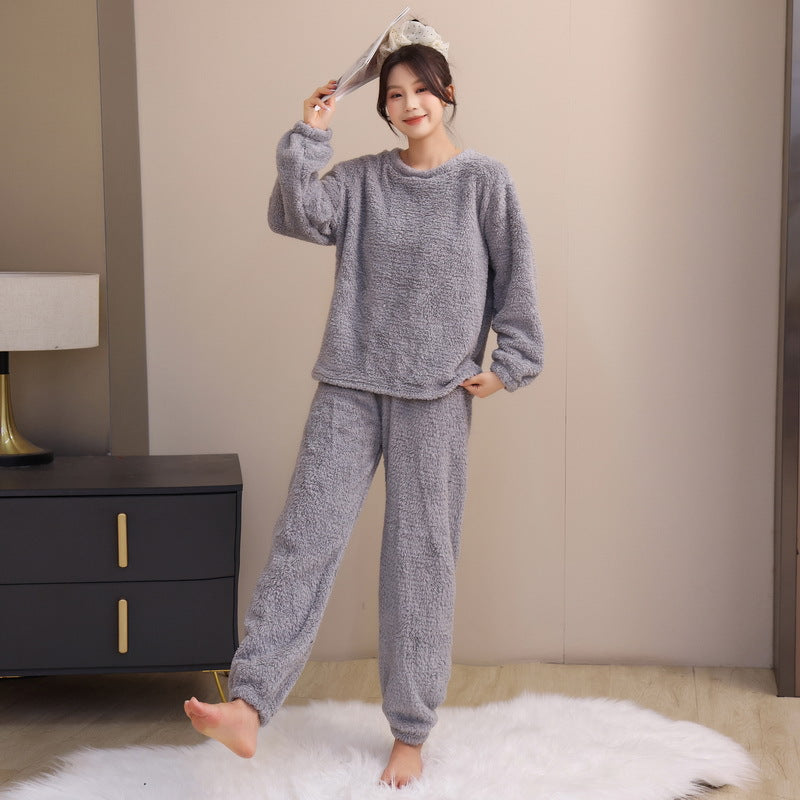 Pajamas for Women 2025 Autumn and Winter New Long-Sleeved Pants Fleece-Lined Thickeneded Bright Silk Coral Velvet Can Be Worn Outside Home Clothes Set