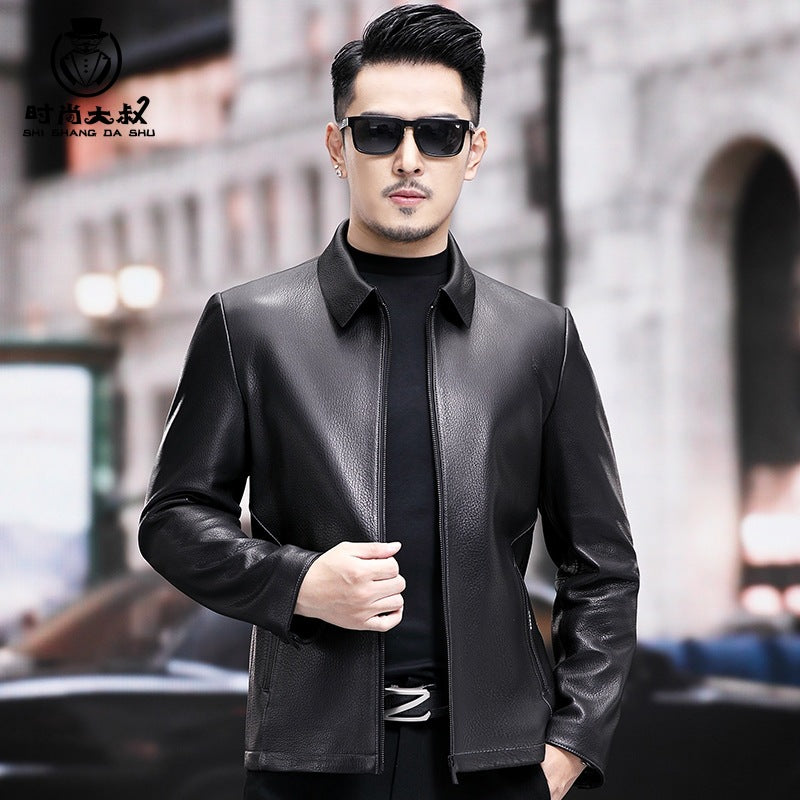 High-end men's lapel leather clothing middle-aged business leather jacket trend fashion imitation leather men's Korean jacket manufacturers