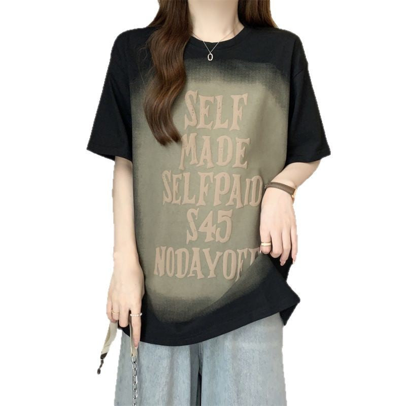New Women's Clothing Retro Pure Cotton Short-sleeved T-shirt Women's Loose Slim-fit Printed Foam Fashion Brand Top for Men and Women Same Style for Summer