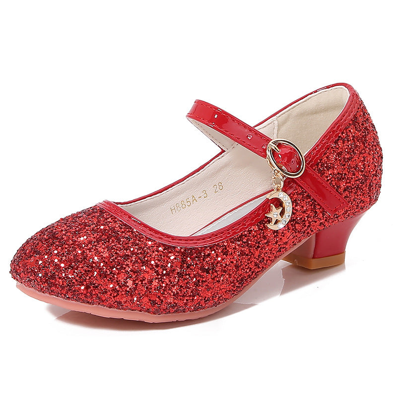 Children's High Heels Women's Shoes New Fashion Students Silver Sequins Performance Shoes Women's Etiquette Flower Children's Shoes