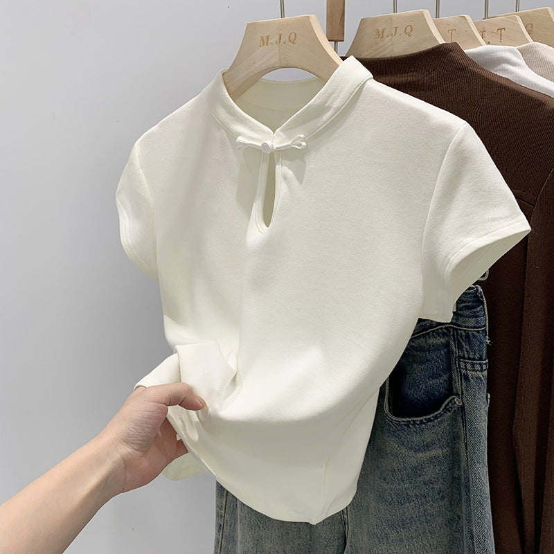 New Chinoiserie National Style Niche Chic Design Short-Sleeved T-Shirt for Women Summer 2025 New Stand-Up Collar Buttoned Short Top