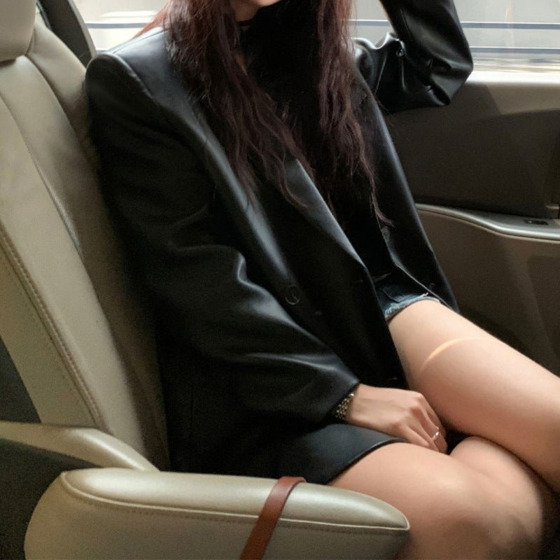 Suit Leather Jacket Women's Design Sense Niche PU Leather High-end Sense Fried Street Loose Casual Black Elegant Suit Fashion