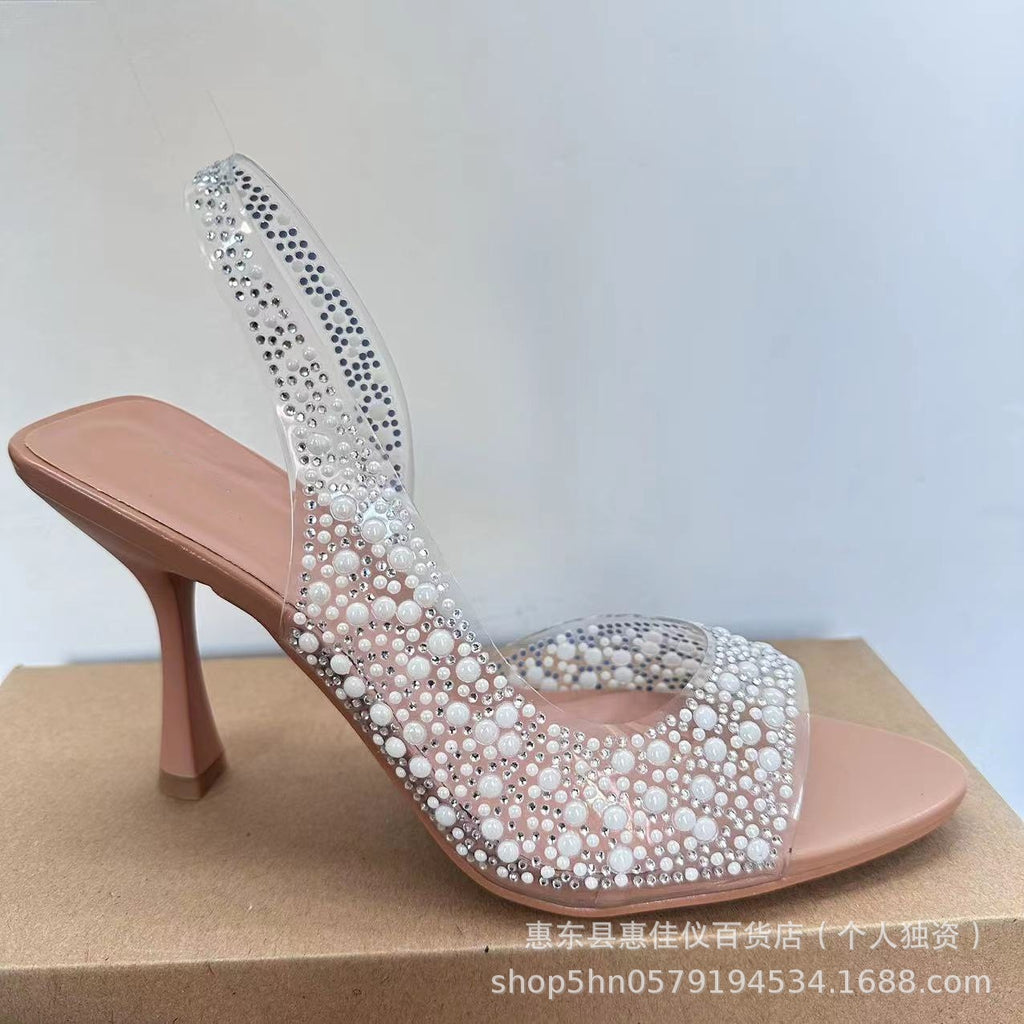 ZA new women's shoes high heels PVC transparent Pearl Diamond decorative West high heel open toe fashion high heel sandals for women