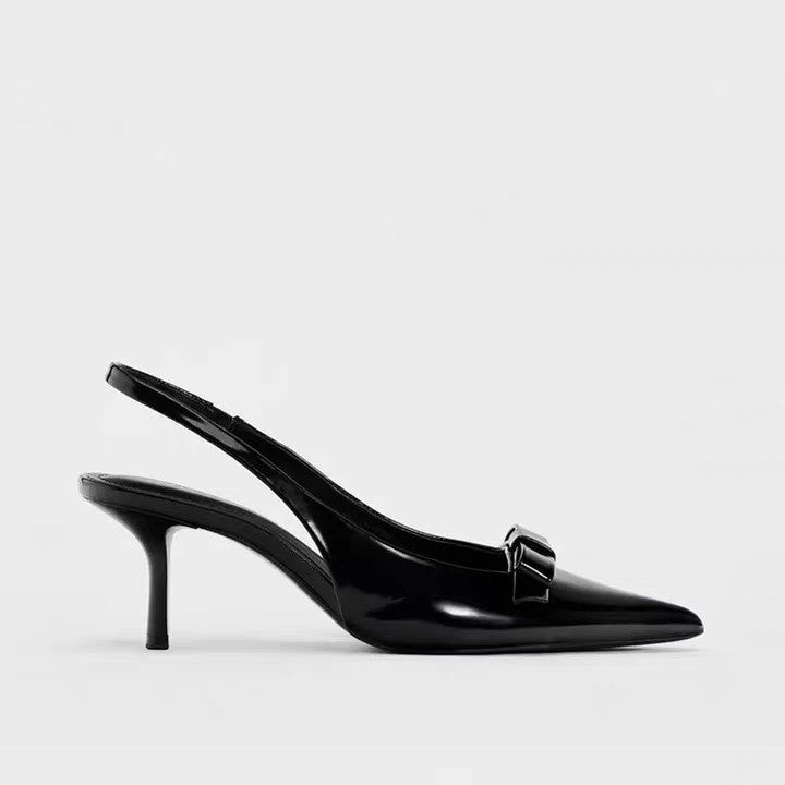Za Black Patent Leather Bow Jewelry High Heel Mules 2025 Spring and Summer Pointed Toe Slingback Stiletto Sandals Flats for Women